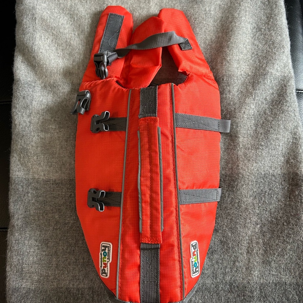 Orange Dog Life Jacket with Gray Straps